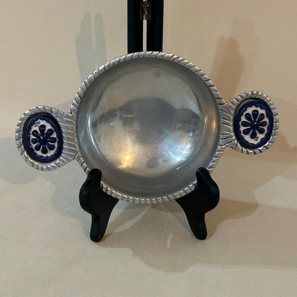 Vintage Pewter Serving Bowl with Blue & White Ceramic Handles – Mediterranean